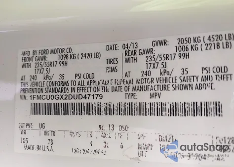 2013 Ford Escape Se from USA, damaged, VIN 1FMCU0GX2DUD47179